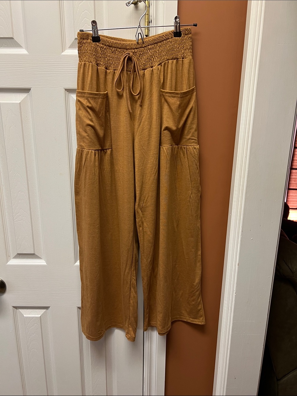 Wide-Leg Pull-On Pants with Smocked Waist in Mustard